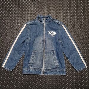 Vintage Roots 73 Kids Denim Jacket Racing Graphic Blue Size M (7/8)
